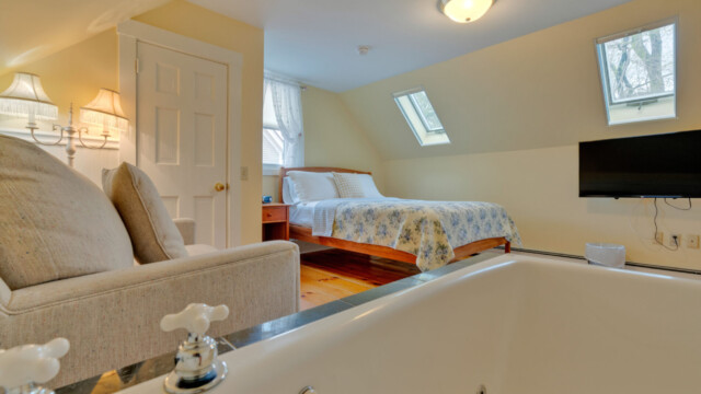 A cozy bedroom with a floral bedspread, a sofa, and a flat-screen TV. Two skylights illuminate the space, with a tub in the foreground.